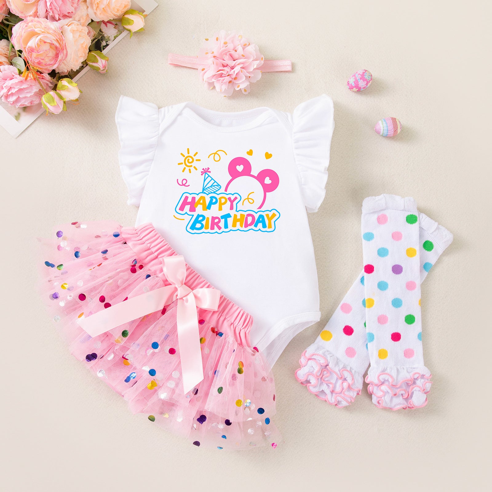 Girls' Clothing Set, Baby Spring Outfit, Flutter Sleeve Romper, Polka Dot Bottoms, Skirt, Hair Accessories, Socks Set, Party Dress