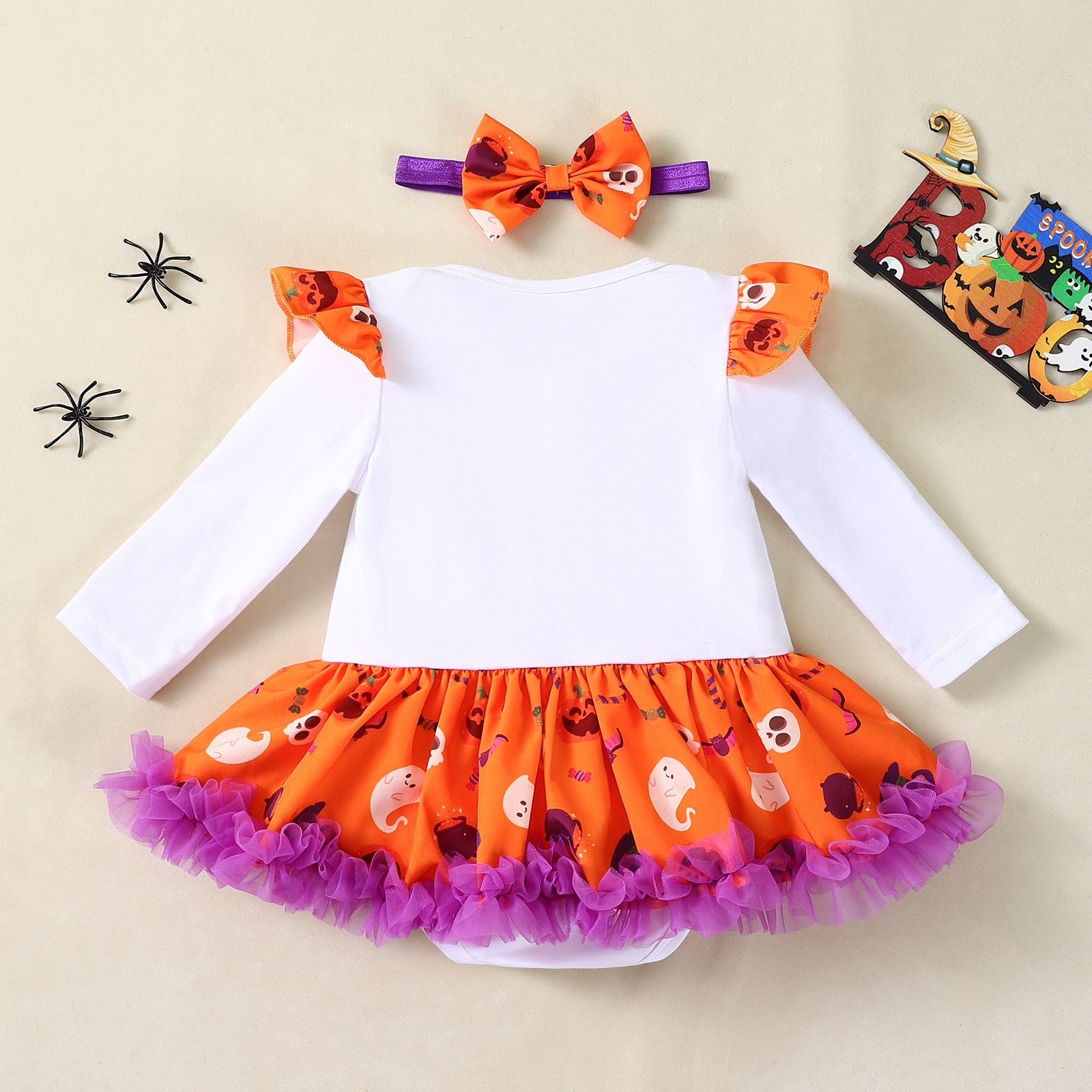 Cute Baby Halloween Costume Set with Printed Pumpkin Design Long Sleeve Romper Dress and Accessories