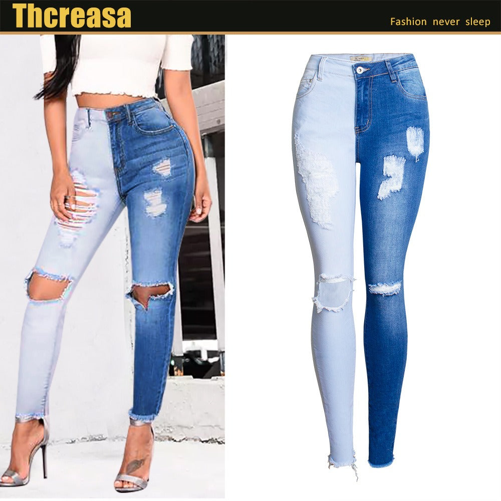 Big Size Double Color Patchwork Ripped Knees Jeans Women`s Stretchy Distressed Denim Pants Trousers Jeans For Women
