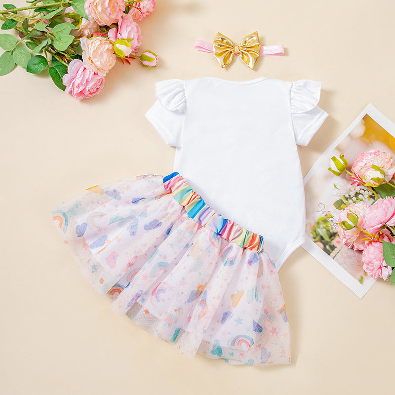 Cute Baby Festival Party Outfit Set with Ruffle Short Sleeve Romper, Rainbow Skirt, and Hair Accessories (3-Piece)