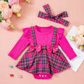 Baby Girl Spring/Autumn Outfit Set with Bow, Checkered Patchwork Romper Dress and Hair Accessories