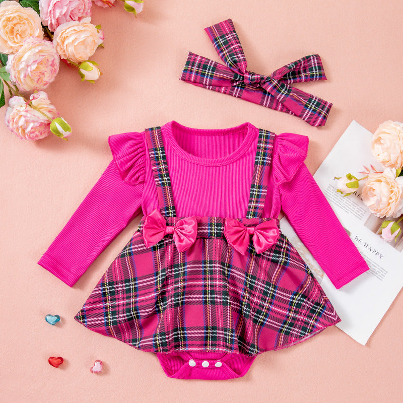 Baby Girl Spring/Autumn Outfit Set with Bow, Checkered Patchwork Romper Dress and Hair Accessories