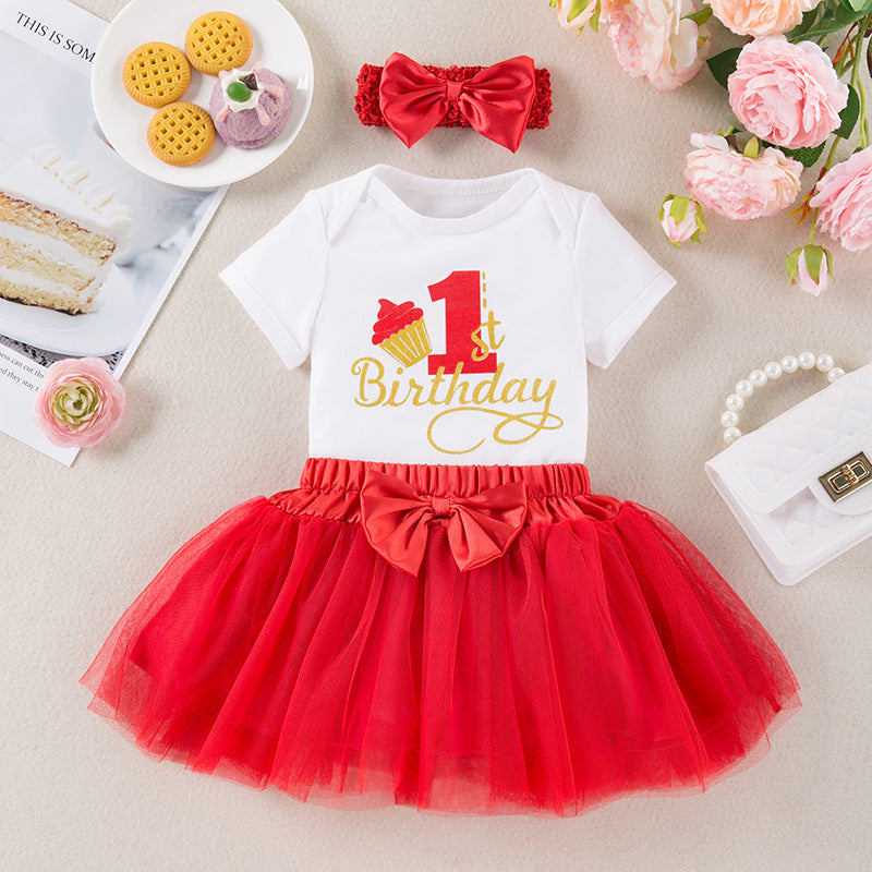 Factory Direct Summer Baby Girl Birthday Party Outfit Letter  Short Sleeve Romper Skirt Hair Accessories 3-Piece Set