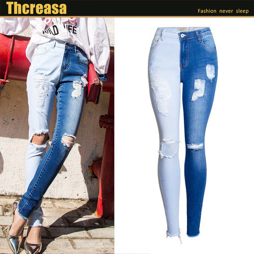 Big Size Double Color Patchwork Ripped Knees Jeans Women`s Stretchy Distressed Denim Pants Trousers Jeans For Women