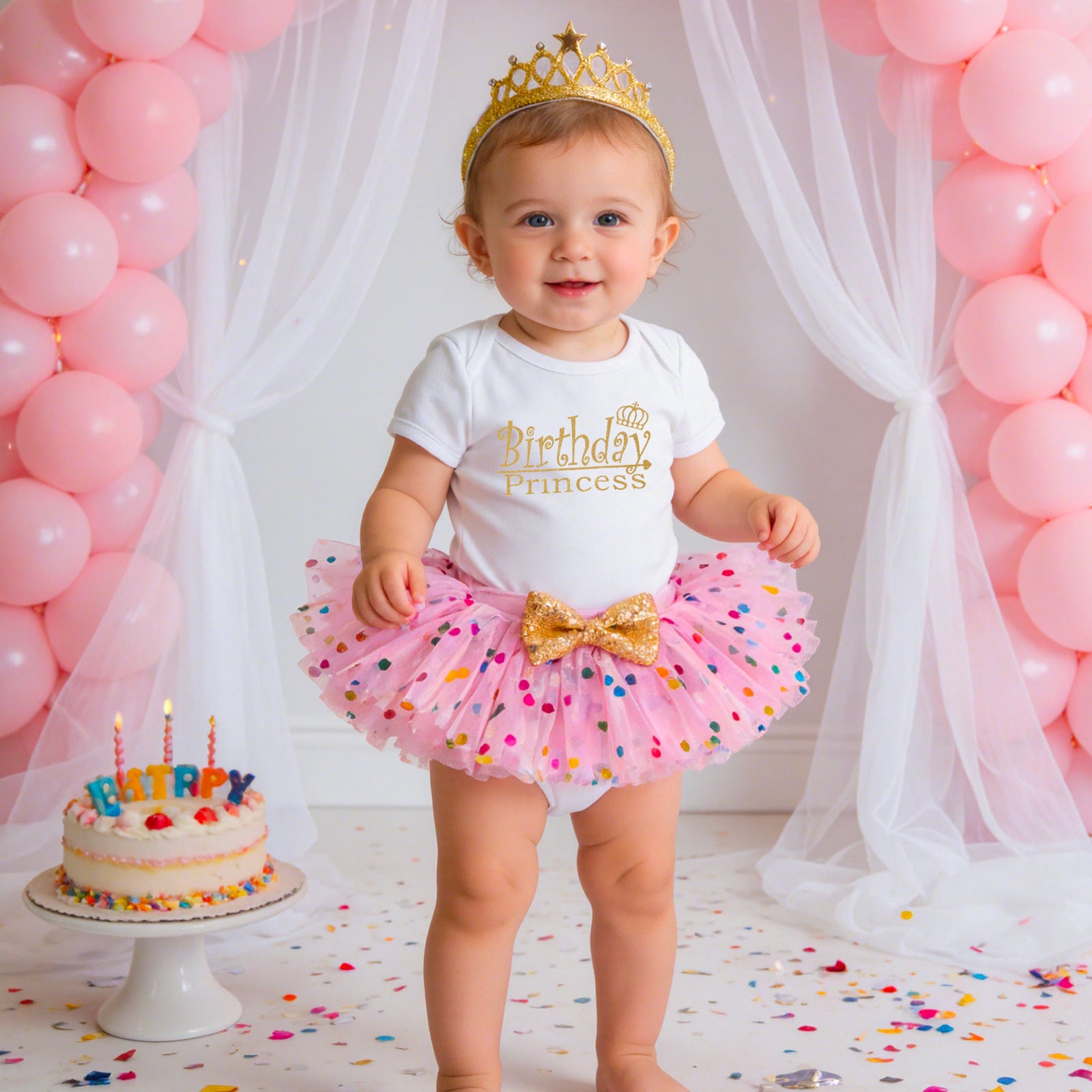 Baby First Birthday Outfit Set - Short Sleeve Romper Hair Accessories 3-Piece Infant Party Costume