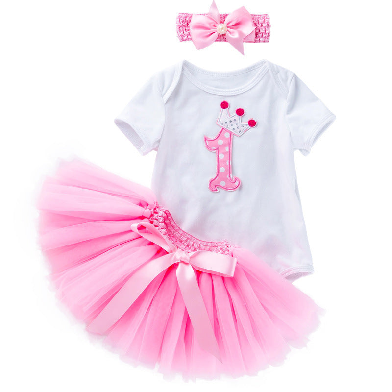 Baby Summer Outfit Set Short Sleeve Romper Handmade Skirt Hair Accessories 3-Piece Birthday Dress Summer