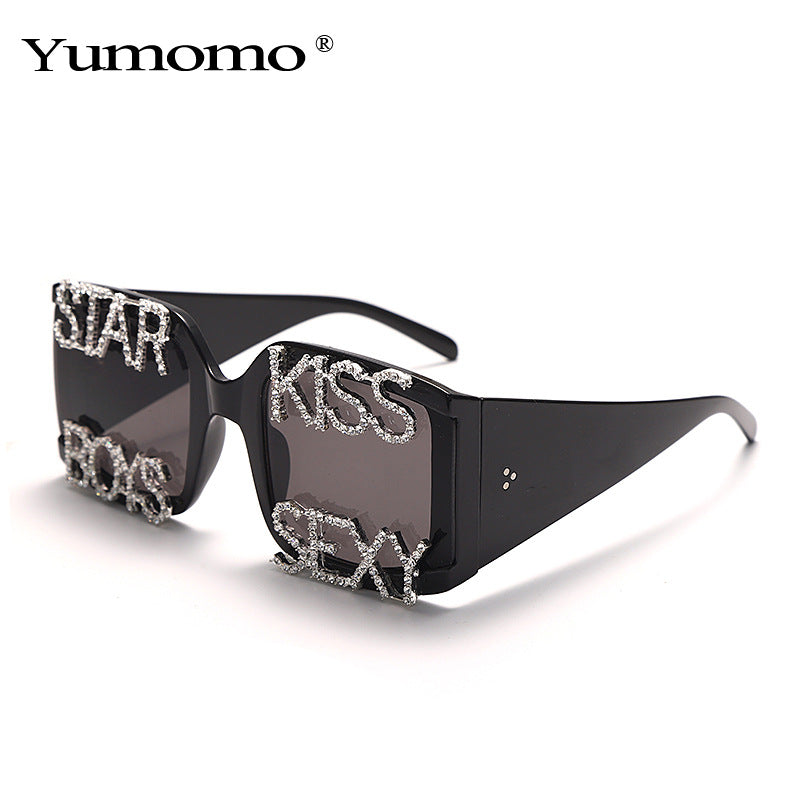Square Retro Large Frame Handmade Diamond Letter Sunglasses Trendy Rice Nails Thick Feet Street Shooting Sunglasses Glasses