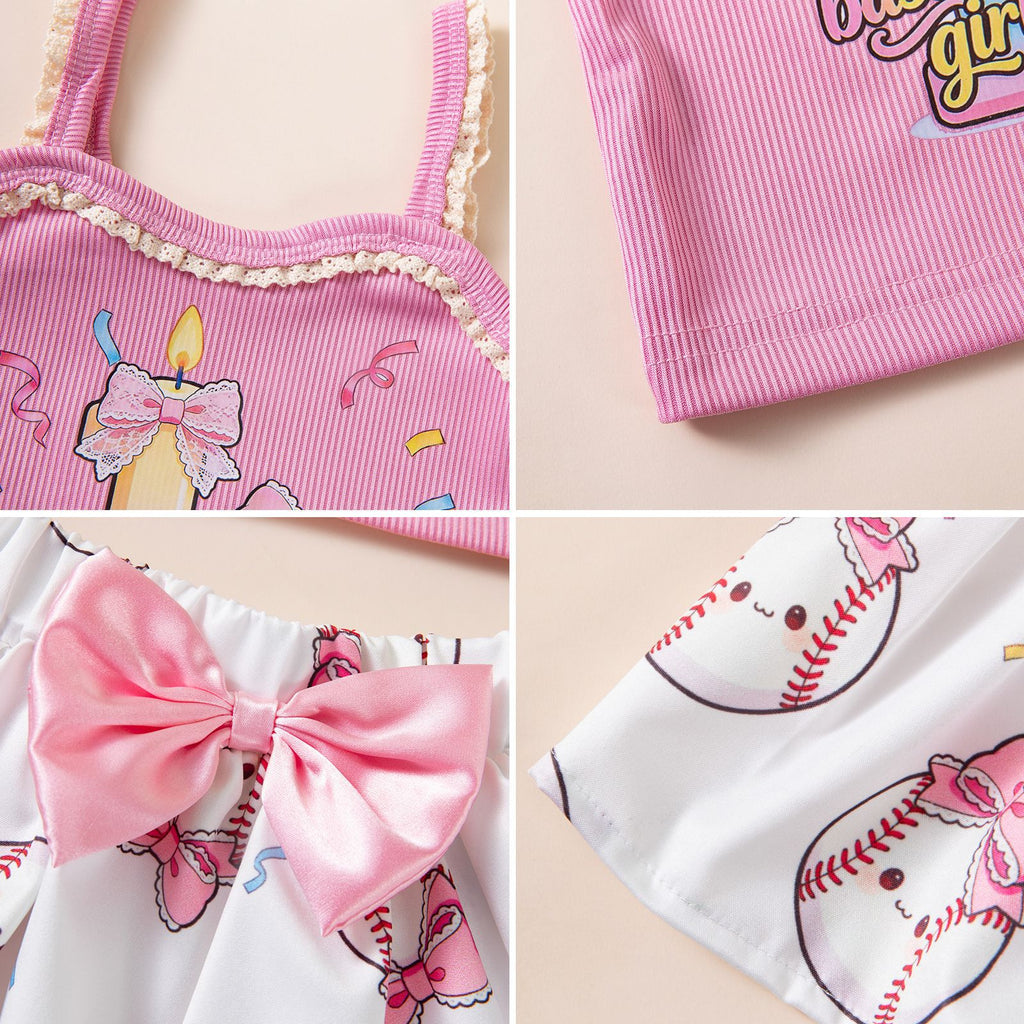 Birthday Party Outfit Set for Girls - Strap T-Shirt Hair Accessories 3-Piece Summer Baby Clothing Kids' Summer Wear