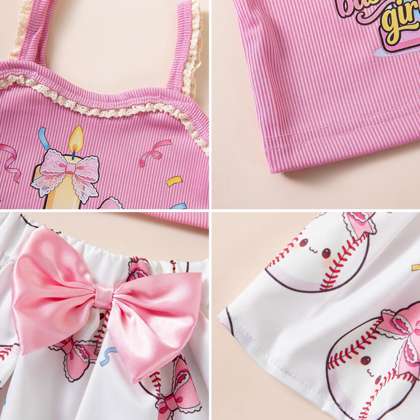 Birthday Party Outfit Set for Girls - Strap T-Shirt Hair Accessories 3-Piece Summer Baby Clothing Kids' Summer Wear