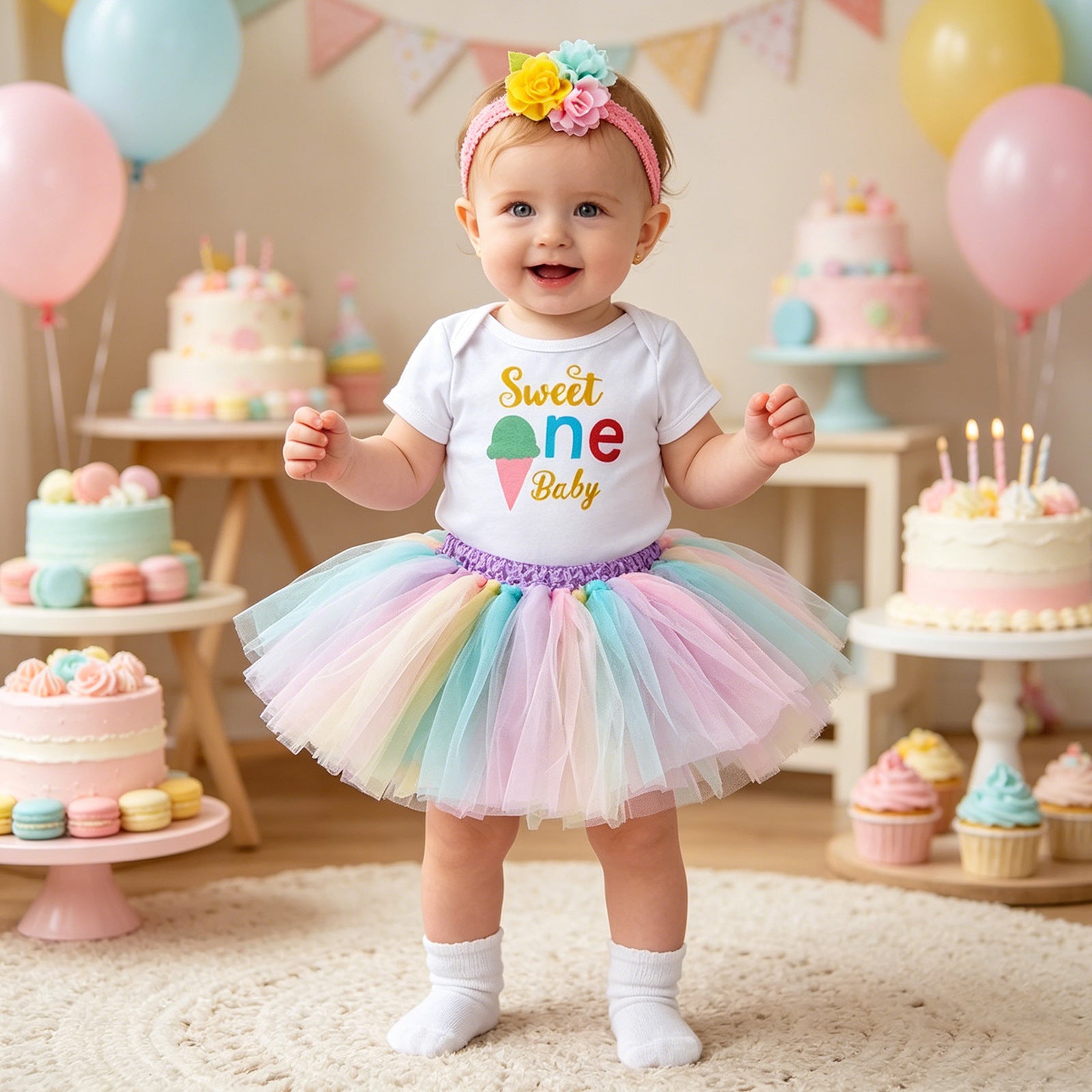 Baby Summer Outfit Set Short Sleeve Romper Handmade Skirt Hair Accessories 3-Piece Birthday Dress Summer
