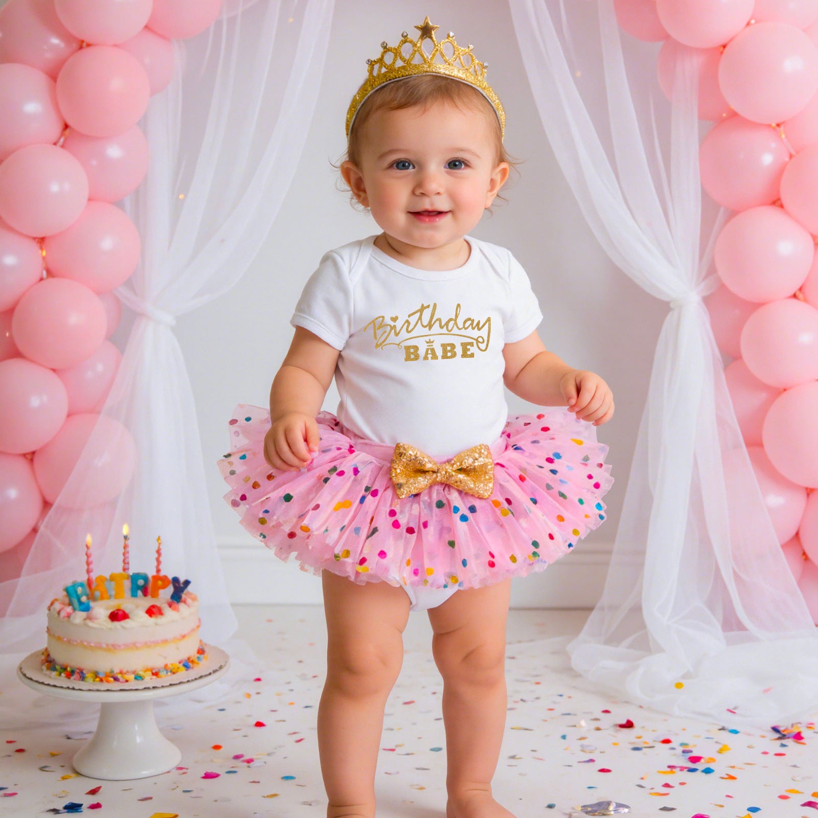 Baby First Birthday Outfit Set - Short Sleeve Romper Hair Accessories 3-Piece Infant Party Costume