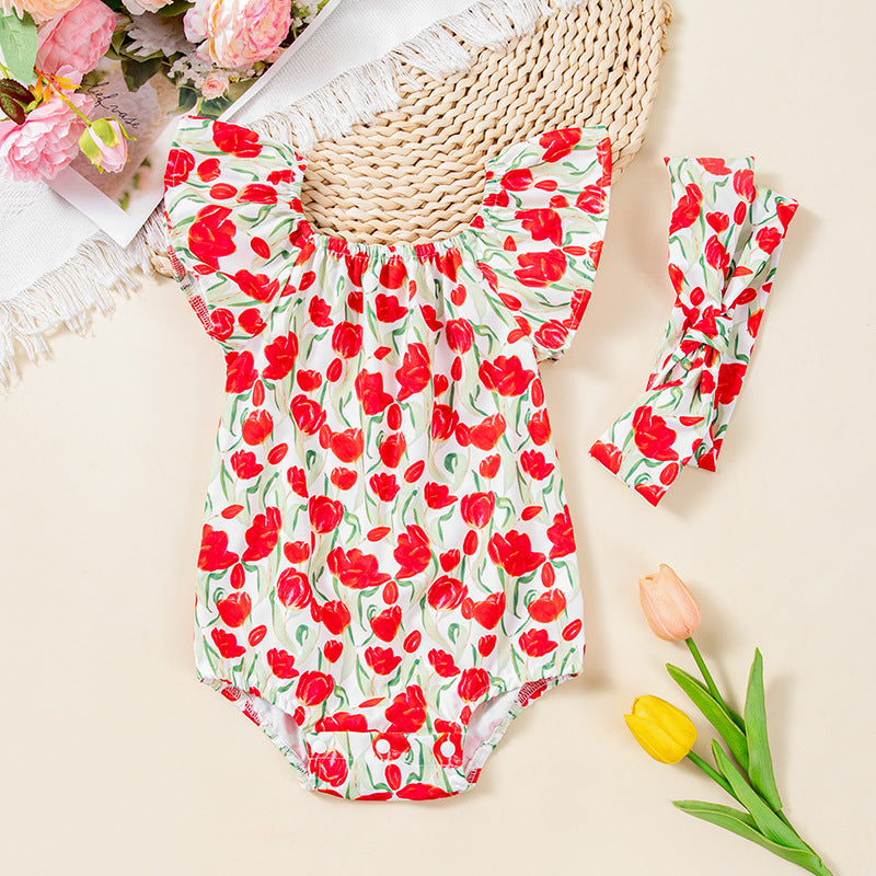 Cute Printed Tulip Flutter Sleeve Romper with Accessories Set for Baby Girls Summer Fashion Outfit