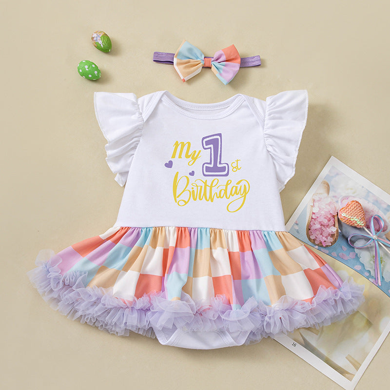 Cute Baby Summer Outfit Set with Flutter Sleeve Romper Dress and Hair Accessories for Birthday Party