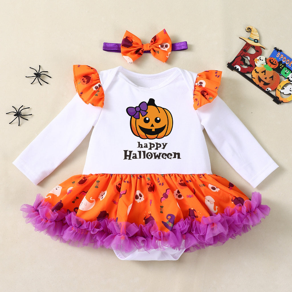 Cute Baby Halloween Costume Set with Printed Pumpkin Design Long Sleeve Romper Dress and Accessories