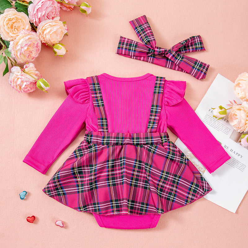 Baby Girl Spring/Autumn Outfit Set with Bow, Checkered Patchwork Romper Dress and Hair Accessories