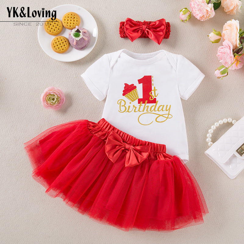 Factory Direct Summer Baby Girl Birthday Party Outfit Letter  Short Sleeve Romper Skirt Hair Accessories 3-Piece Set