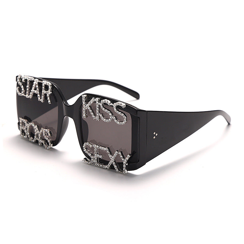 Square Retro Large Frame Handmade Diamond Letter Sunglasses Trendy Rice Nails Thick Feet Street Shooting Sunglasses Glasses