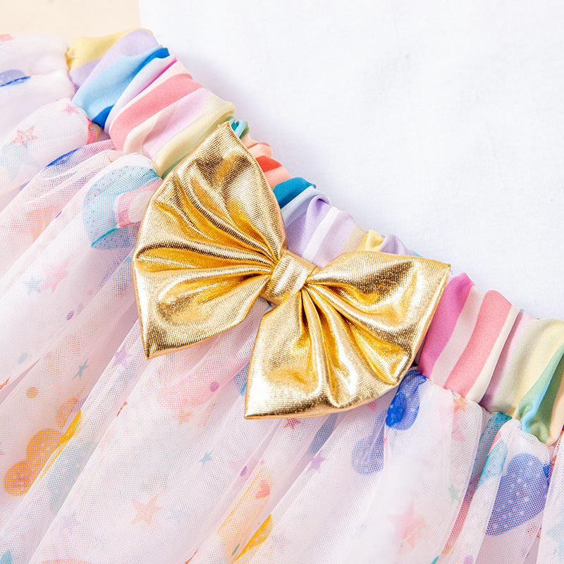 Cute Baby Festival Party Outfit Set with Ruffle Short Sleeve Romper, Rainbow Skirt, and Hair Accessories (3-Piece)