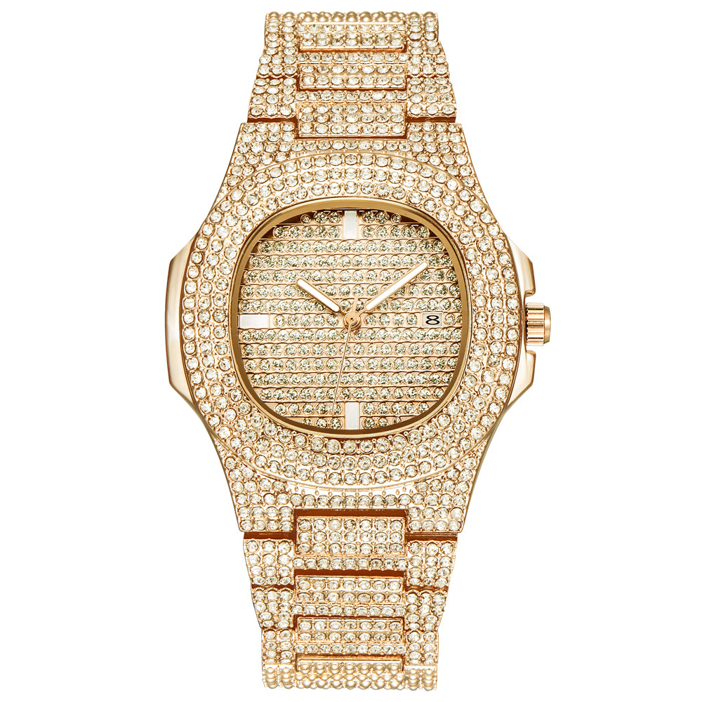 Mens Watches Fashion Luxury Diamond Brand Date Quartz Watch Men Gold Stainless Steel Business Watch Montres de Marque de Luxe