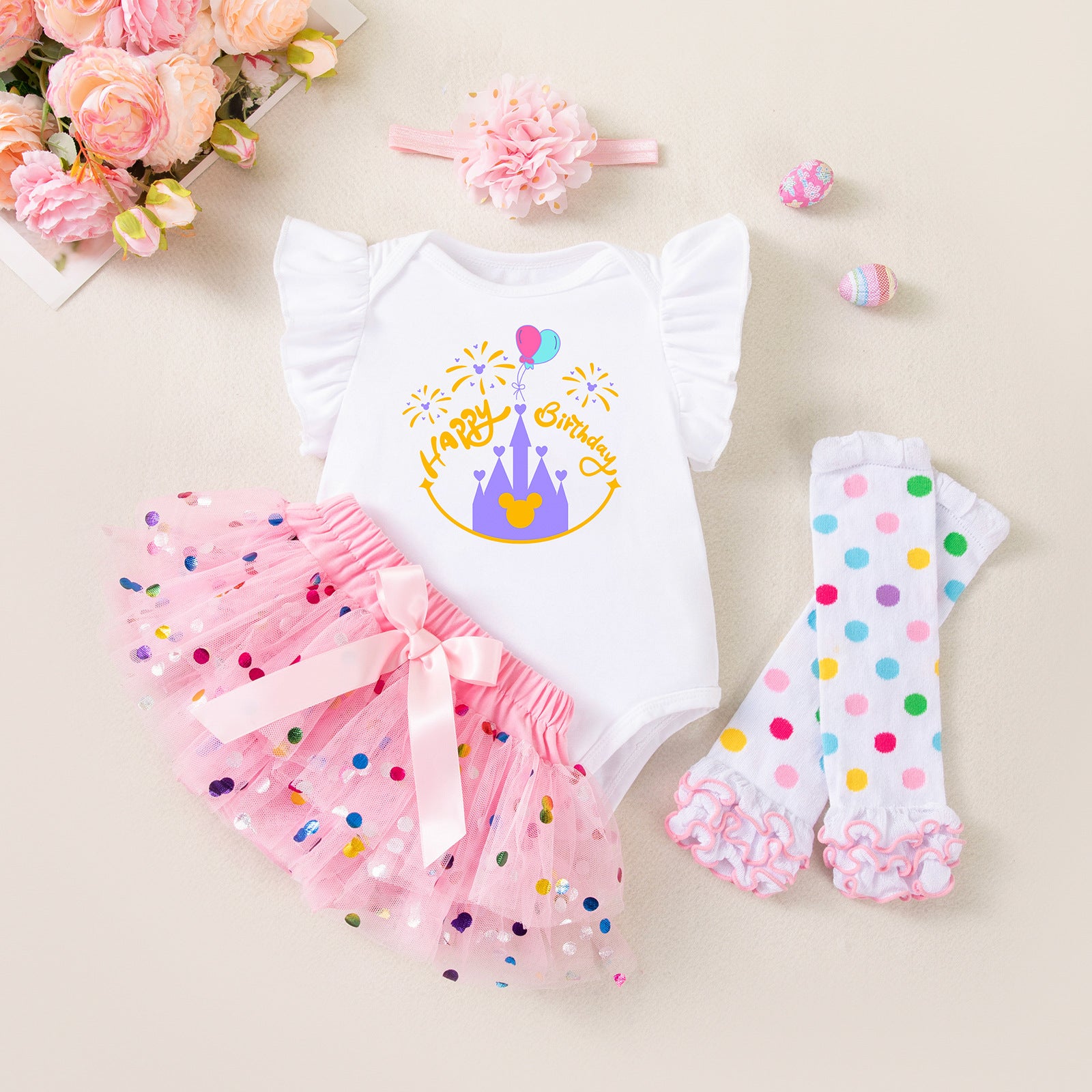 Girls' Clothing Set, Baby Spring Outfit, Flutter Sleeve Romper, Polka Dot Bottoms, Skirt, Hair Accessories, Socks Set, Party Dress