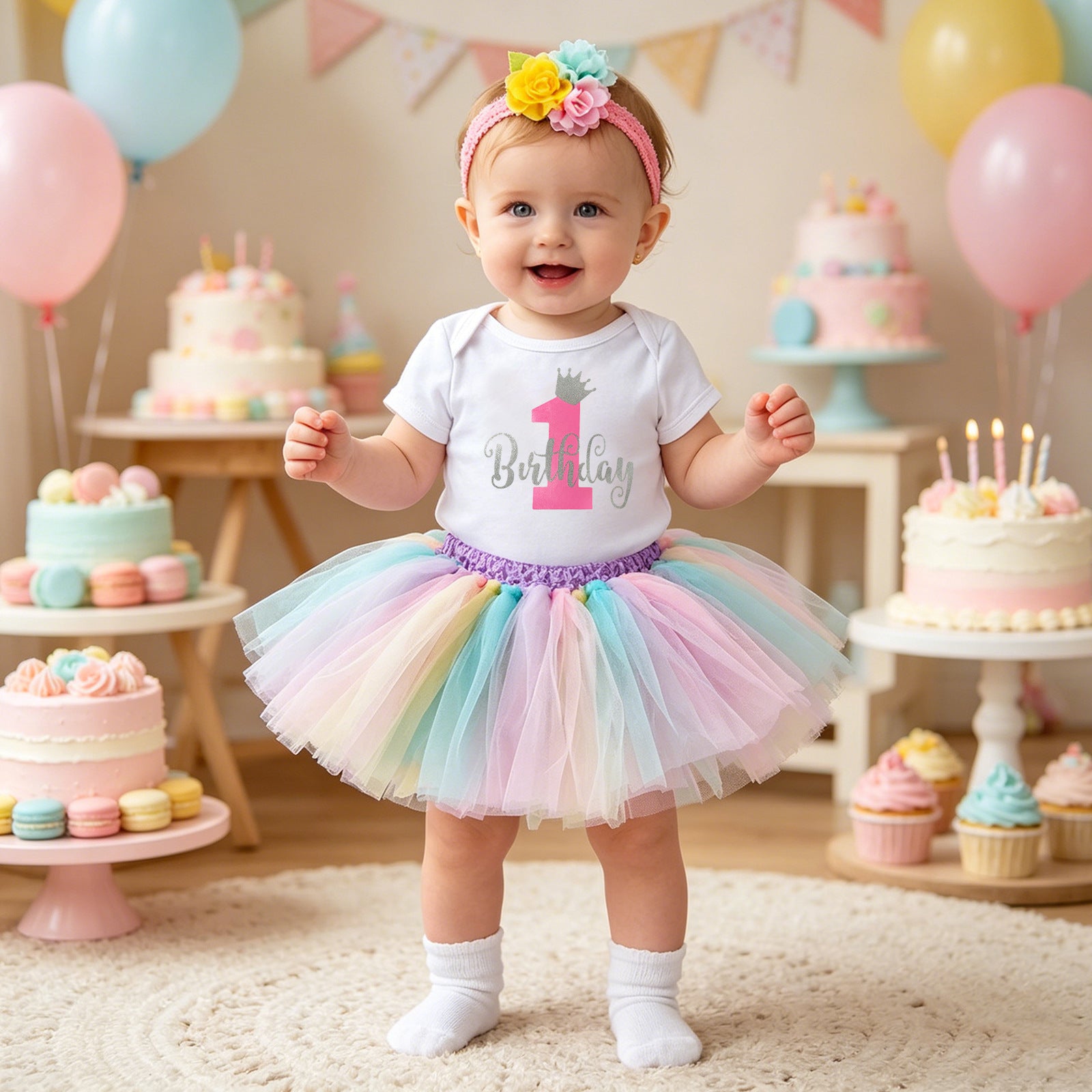 Baby Summer Outfit Set Short Sleeve Romper Handmade Skirt Hair Accessories 3-Piece Birthday Dress Summer
