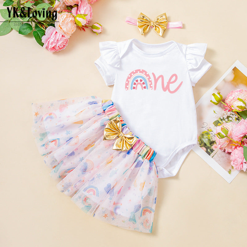 Cute Baby Festival Party Outfit Set with Ruffle Short Sleeve Romper, Rainbow Skirt, and Hair Accessories (3-Piece)