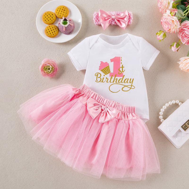 Factory Direct Summer Baby Girl Birthday Party Outfit Letter  Short Sleeve Romper Skirt Hair Accessories 3-Piece Set