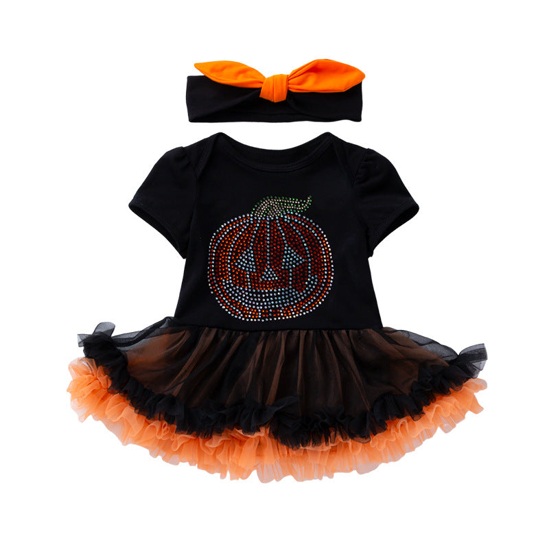 Fashionable Cute Rhinestone Pumpkin Short Sleeve Romper Dress with Accessories Set for Baby Halloween Outfit