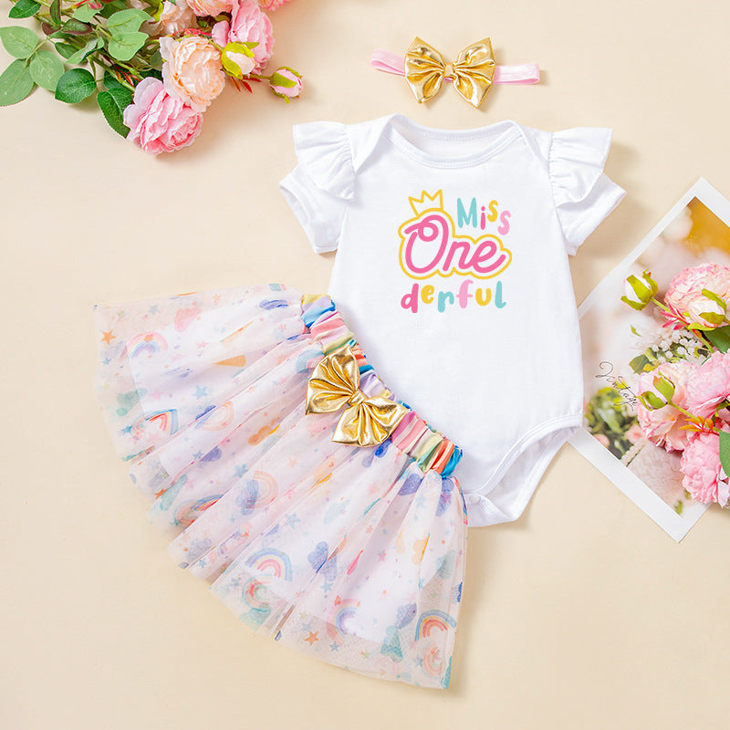 Cute Baby Festival Party Outfit Set with Ruffle Short Sleeve Romper, Rainbow Skirt, and Hair Accessories (3-Piece)