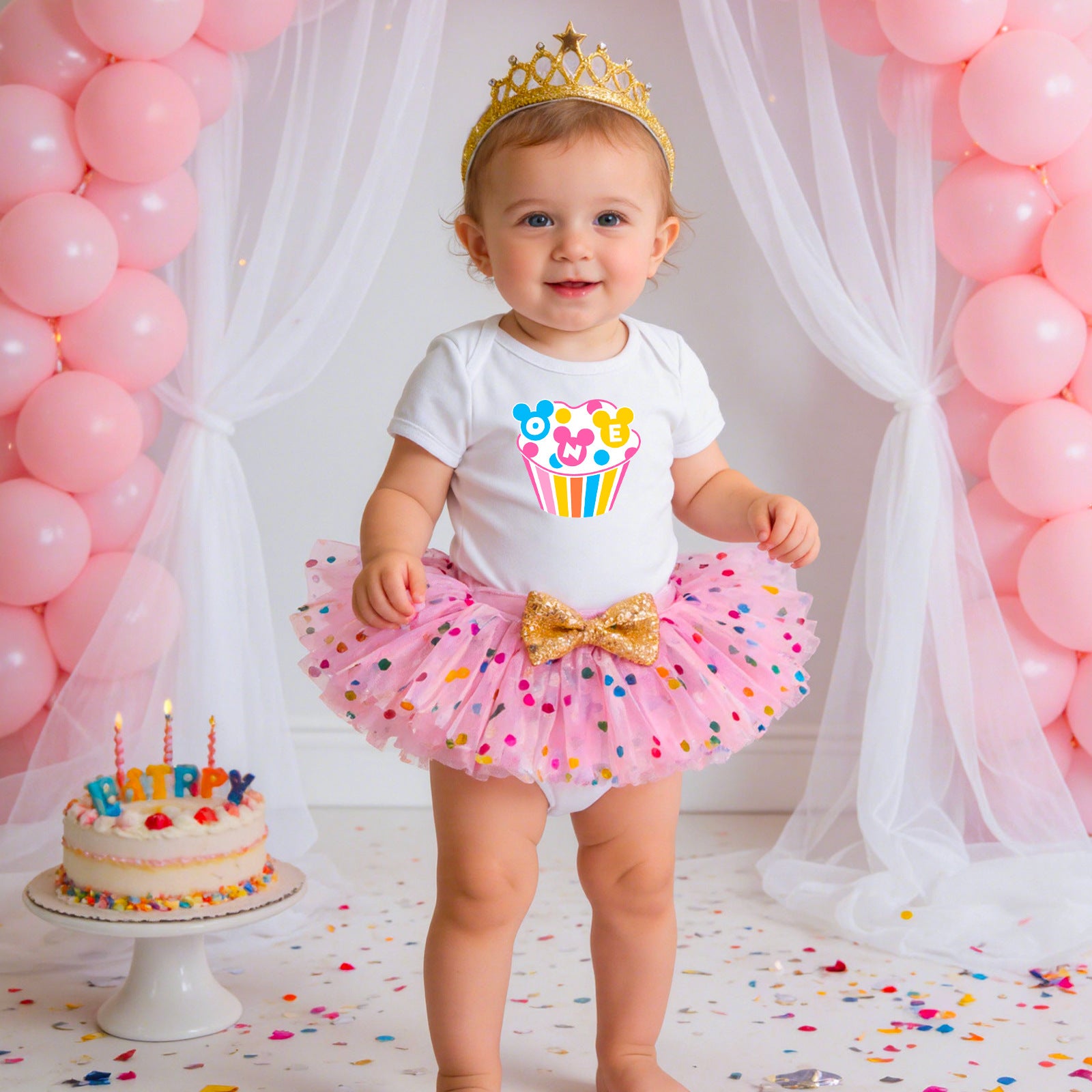 Baby First Birthday Outfit Set - Short Sleeve Romper Hair Accessories 3-Piece Infant Party Costume
