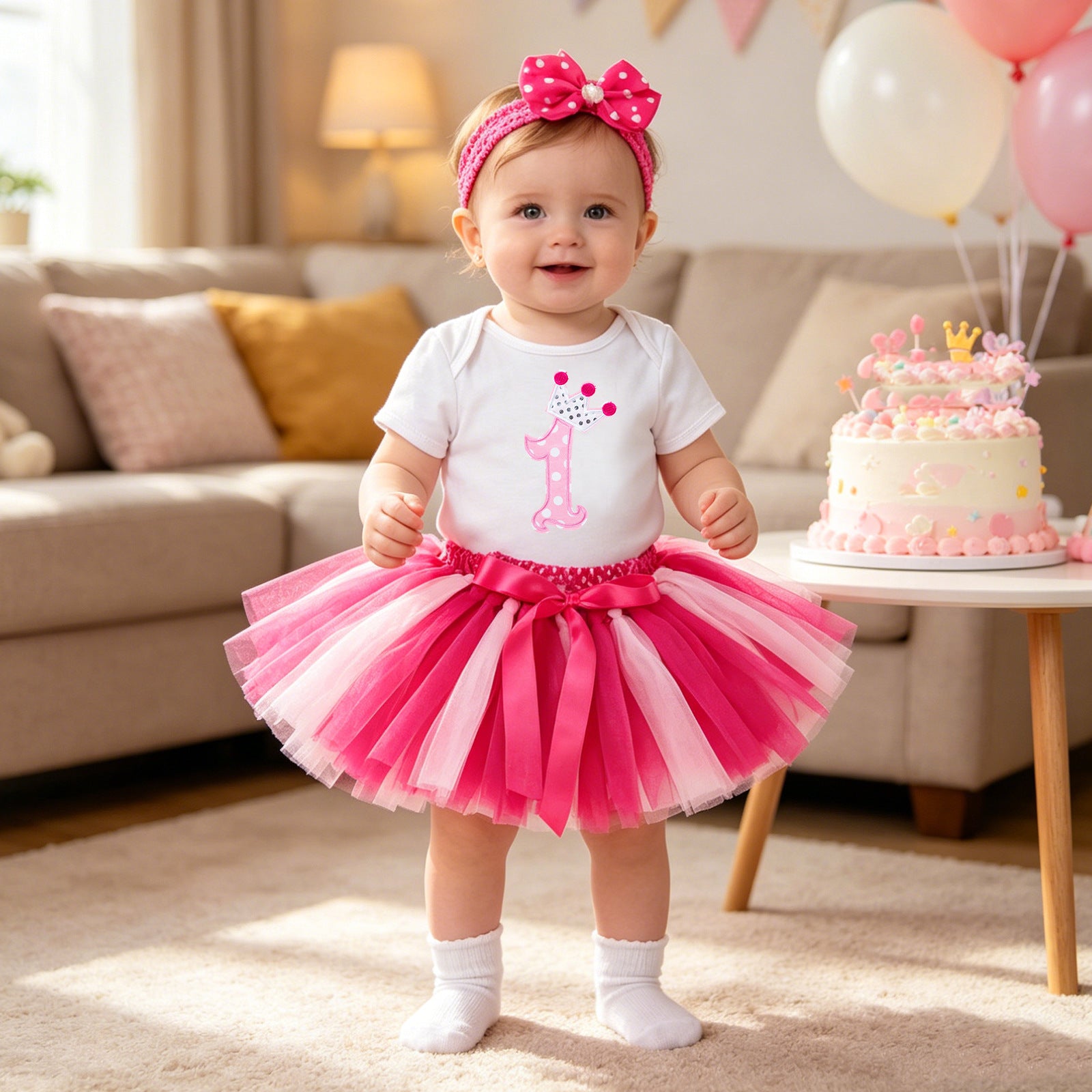 Baby Summer Outfit Set Short Sleeve Romper Handmade Skirt Hair Accessories 3-Piece Birthday Dress Summer
