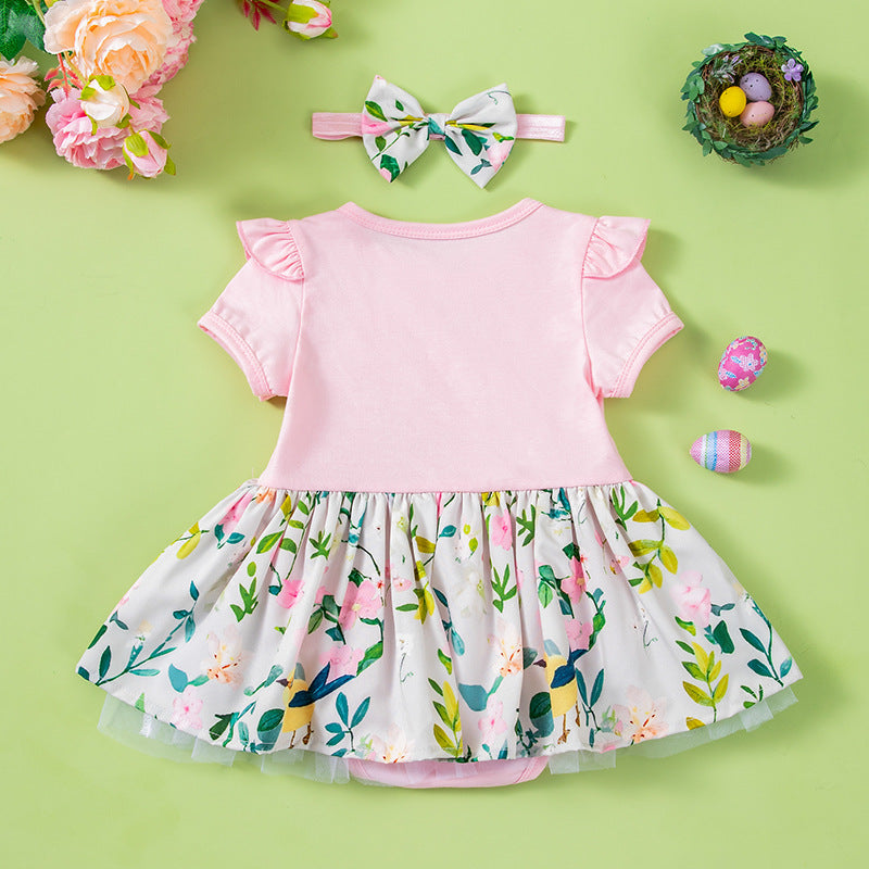 Baby Summer Printed Short Sleeve Romper Dress with Accessories 2-Piece Set Infant Onesie Dress Outfit