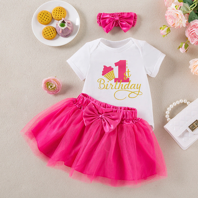 Factory Direct Summer Baby Girl Birthday Party Outfit Letter  Short Sleeve Romper Skirt Hair Accessories 3-Piece Set