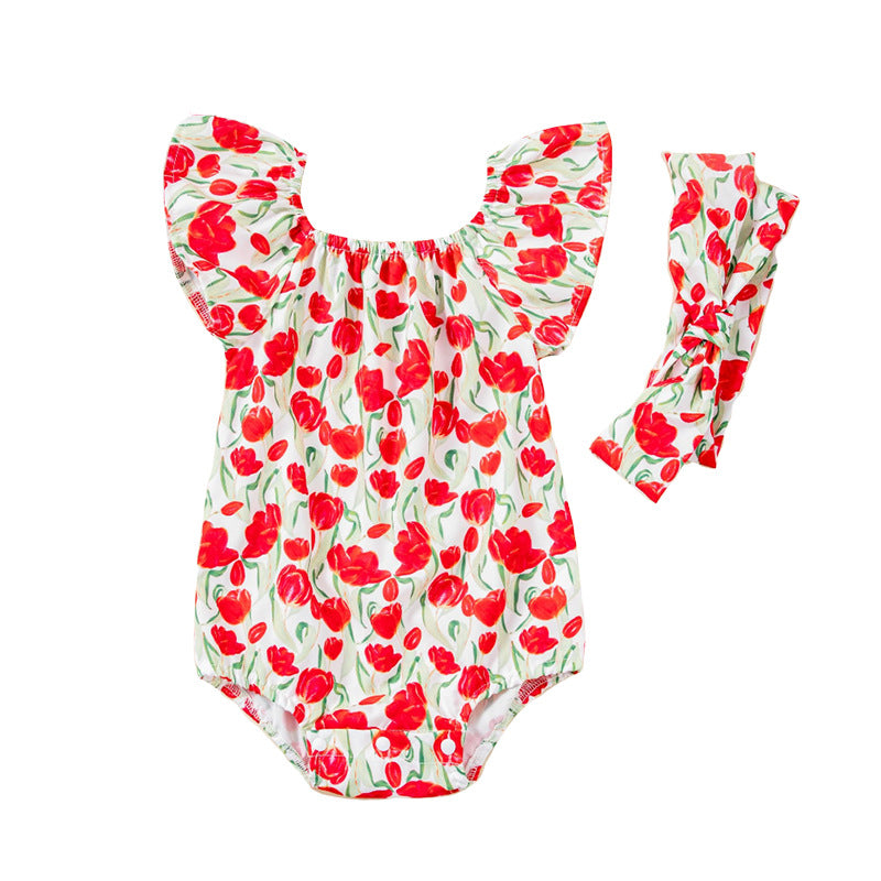 Cute Printed Tulip Flutter Sleeve Romper with Accessories Set for Baby Girls Summer Fashion Outfit