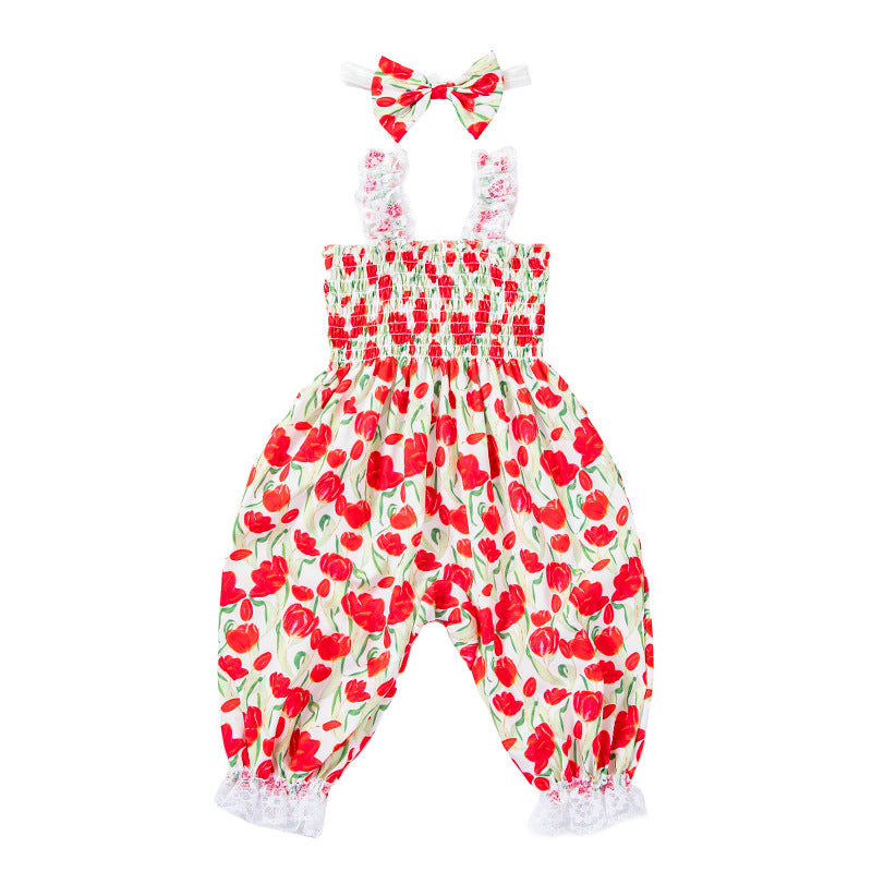 Lace Strap Lantern Pants with Tulip Print, Gathered Bodice Romper and Accessories Set for Baby Girls