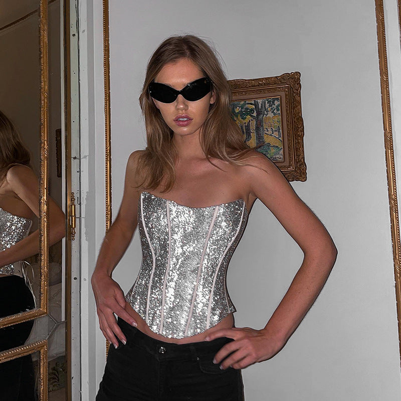 YJ23585 Summer Sexy Strapless Top with Corset Design