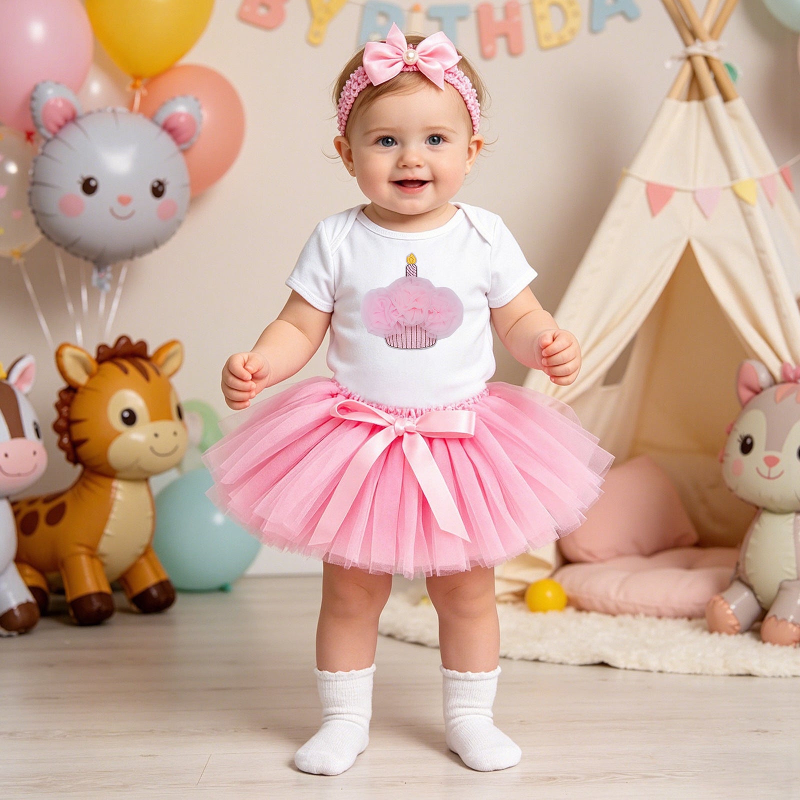 Baby Summer Outfit Set Short Sleeve Romper Handmade Skirt Hair Accessories 3-Piece Birthday Dress Summer