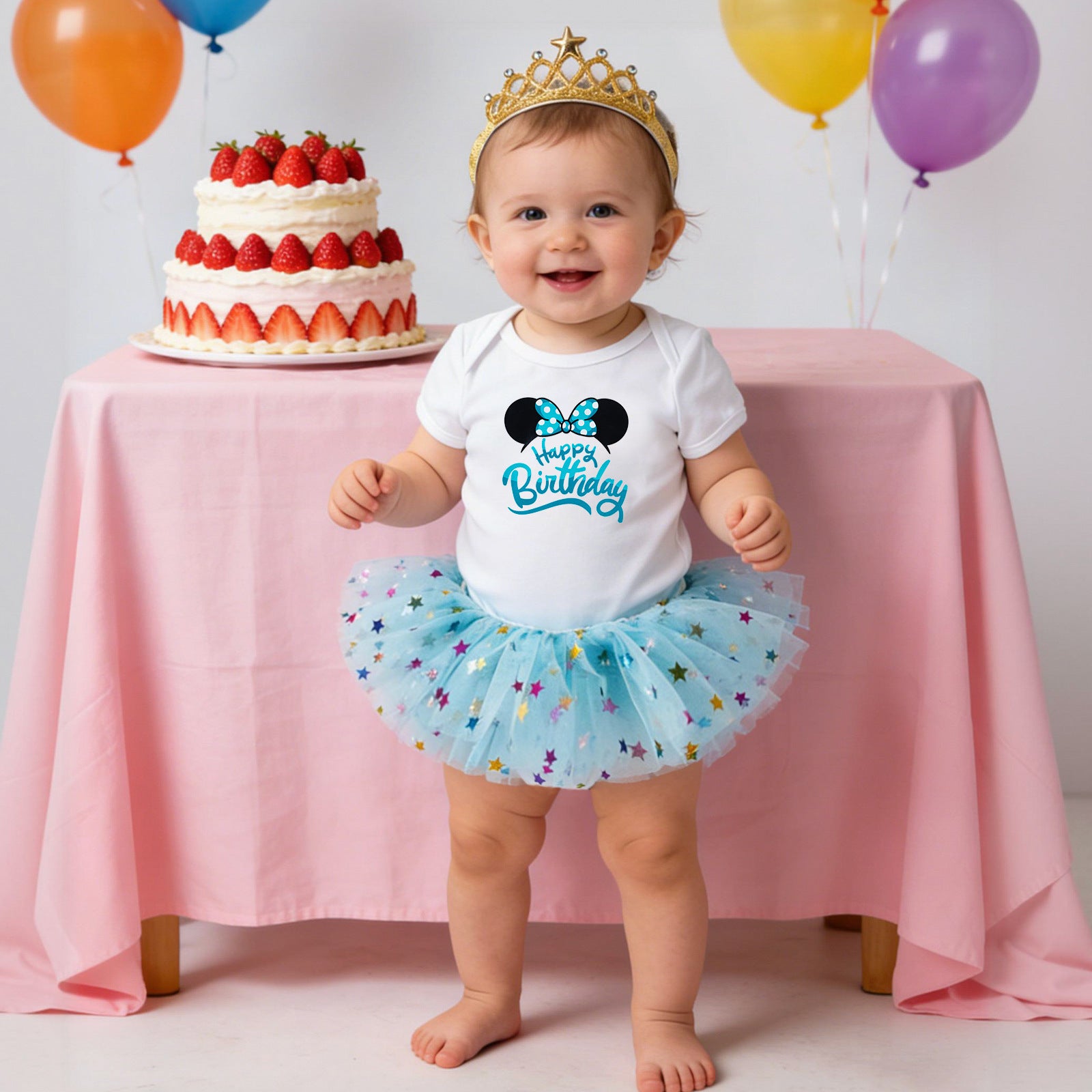 Baby First Birthday Outfit Set - Short Sleeve Romper Hair Accessories 3-Piece Infant Party Costume