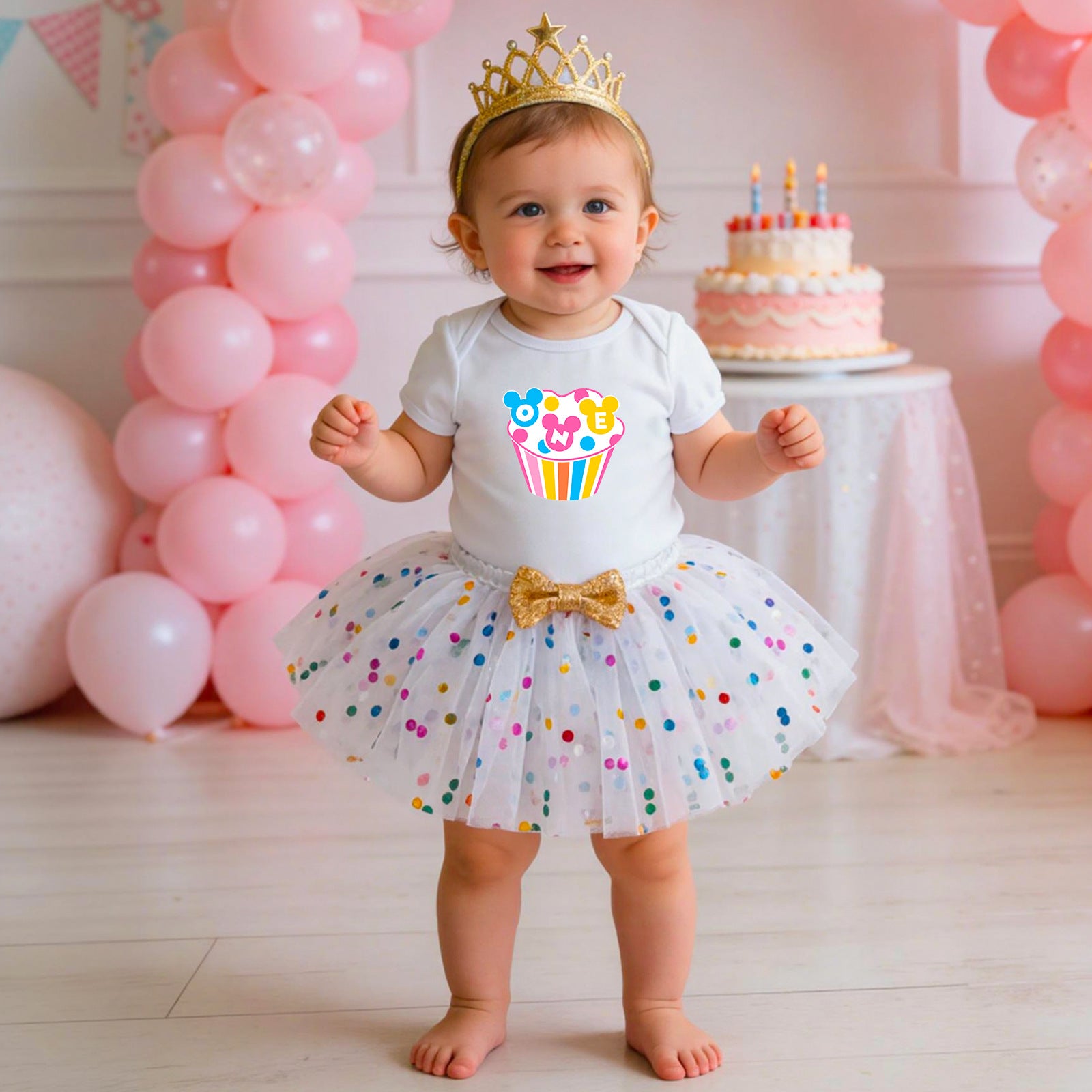 Baby First Birthday Outfit Set - Short Sleeve Romper Hair Accessories 3-Piece Infant Party Costume