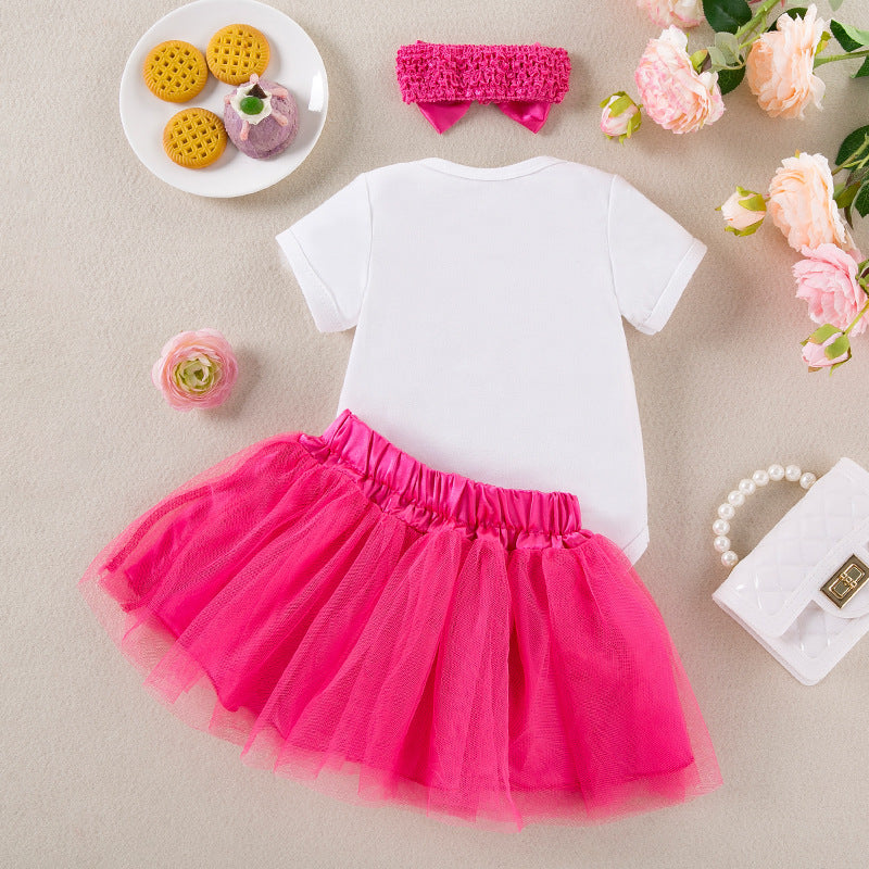 Factory Direct Summer Baby Girl Birthday Party Outfit Letter  Short Sleeve Romper Skirt Hair Accessories 3-Piece Set