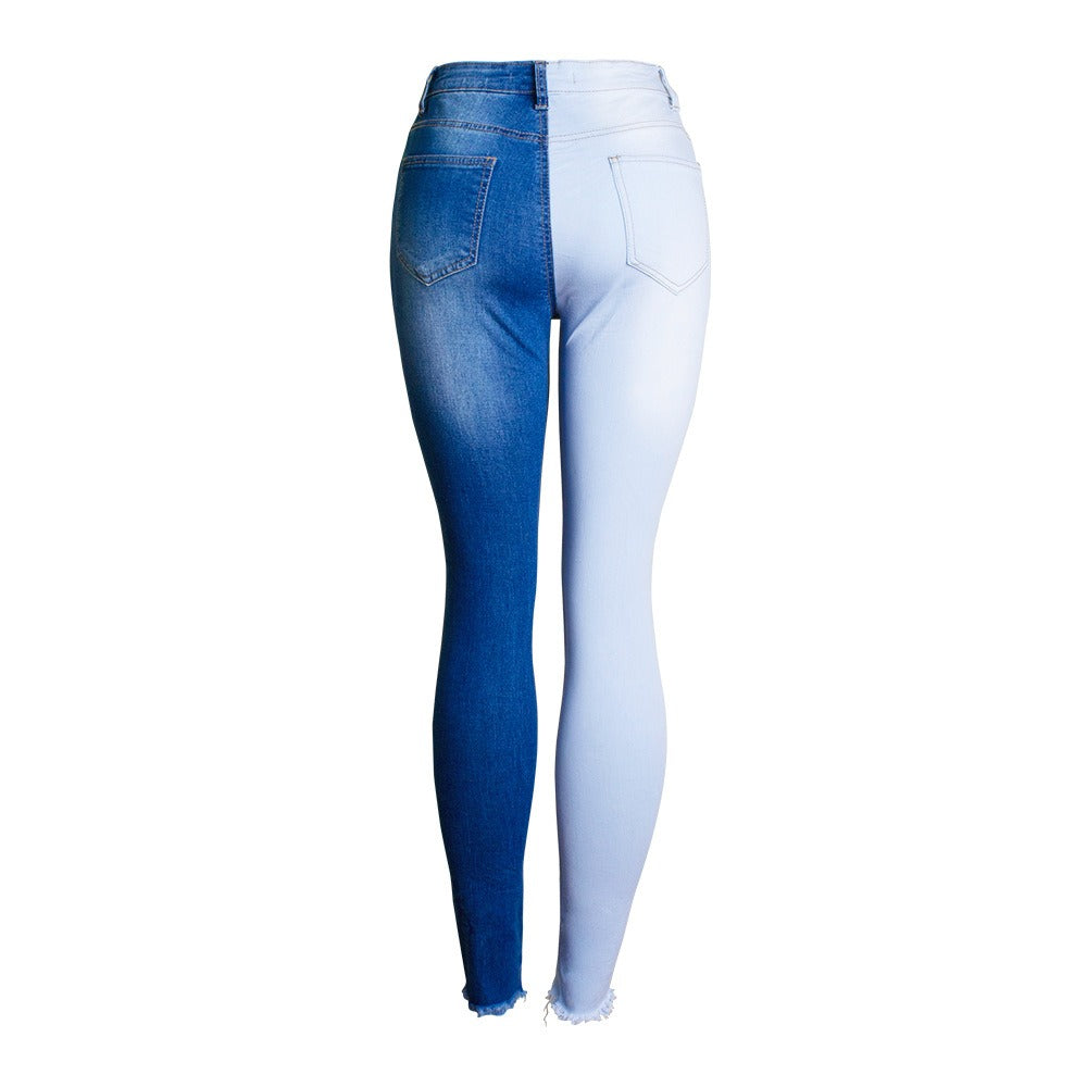 Big Size Double Color Patchwork Ripped Knees Jeans Women`s Stretchy Distressed Denim Pants Trousers Jeans For Women