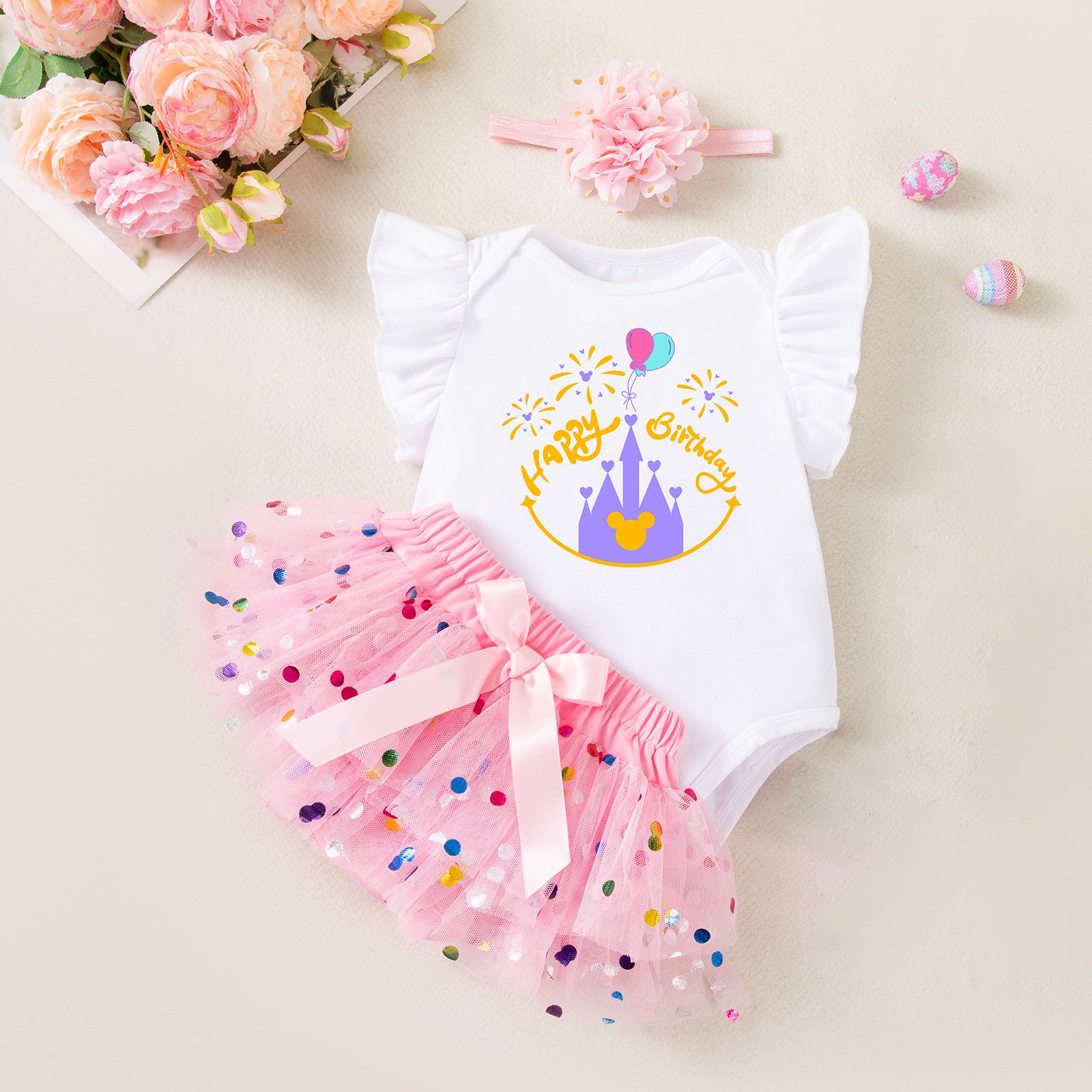 Girls' Clothing Set, Baby Spring Outfit, Flutter Sleeve Romper, Polka Dot Bottoms, Skirt, Hair Accessories, Socks Set, Party Dress