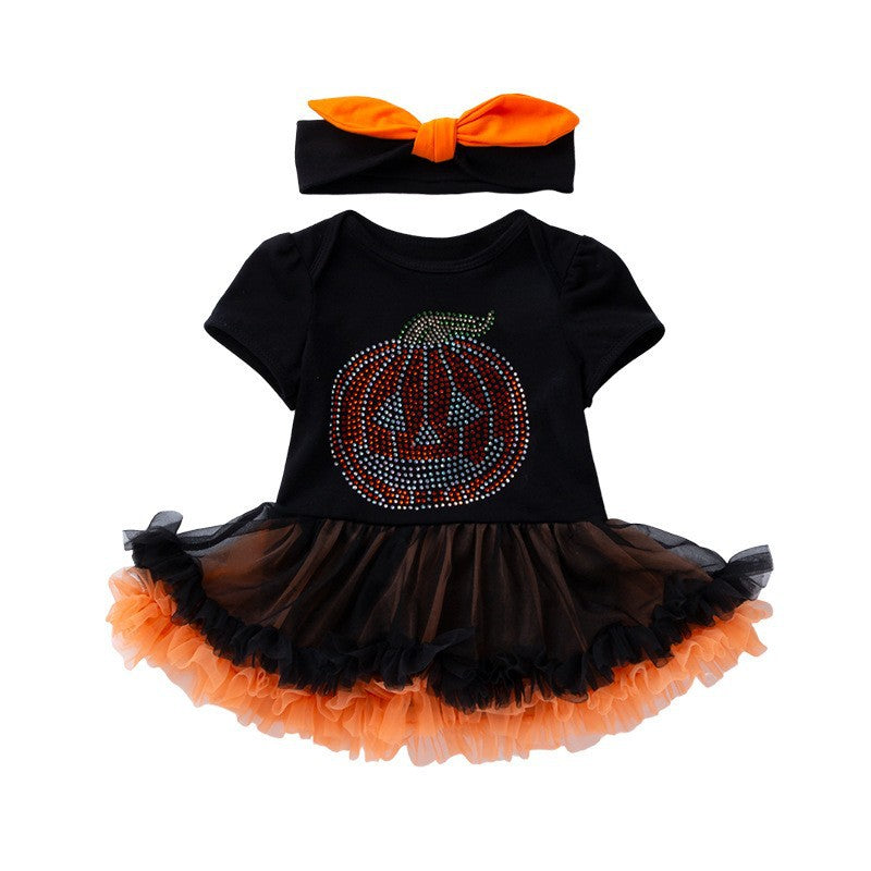 Fashionable Cute Rhinestone Pumpkin Short Sleeve Romper Dress with Accessories Set for Baby Halloween Outfit