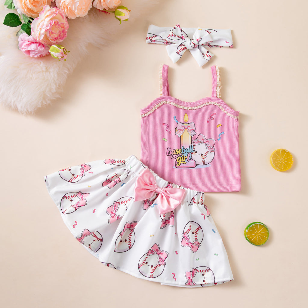 Birthday Party Outfit Set for Girls - Strap T-Shirt Hair Accessories 3-Piece Summer Baby Clothing Kids' Summer Wear