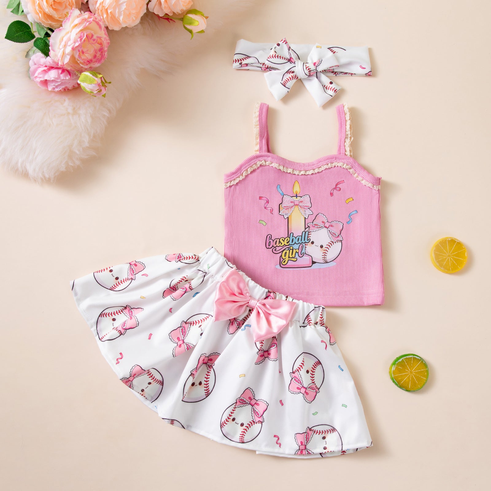 Birthday Party Outfit Set for Girls - Strap T-Shirt Hair Accessories 3-Piece Summer Baby Clothing Kids' Summer Wear