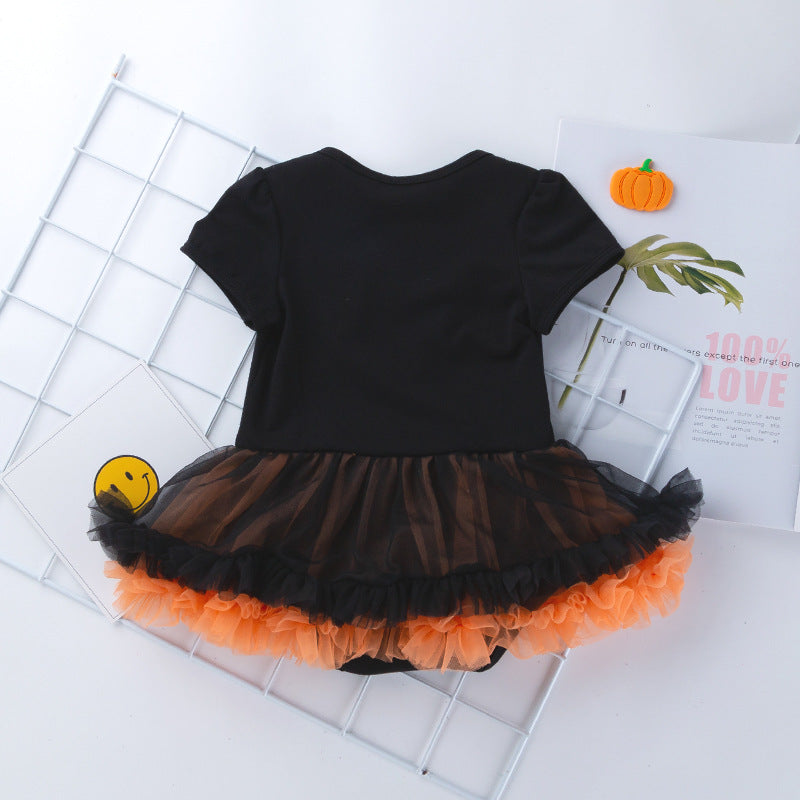 Fashionable Cute Rhinestone Pumpkin Short Sleeve Romper Dress with Accessories Set for Baby Halloween Outfit