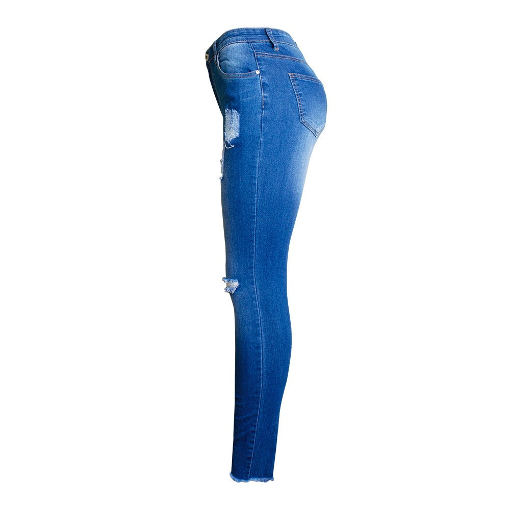 Big Size Double Color Patchwork Ripped Knees Jeans Women`s Stretchy Distressed Denim Pants Trousers Jeans For Women