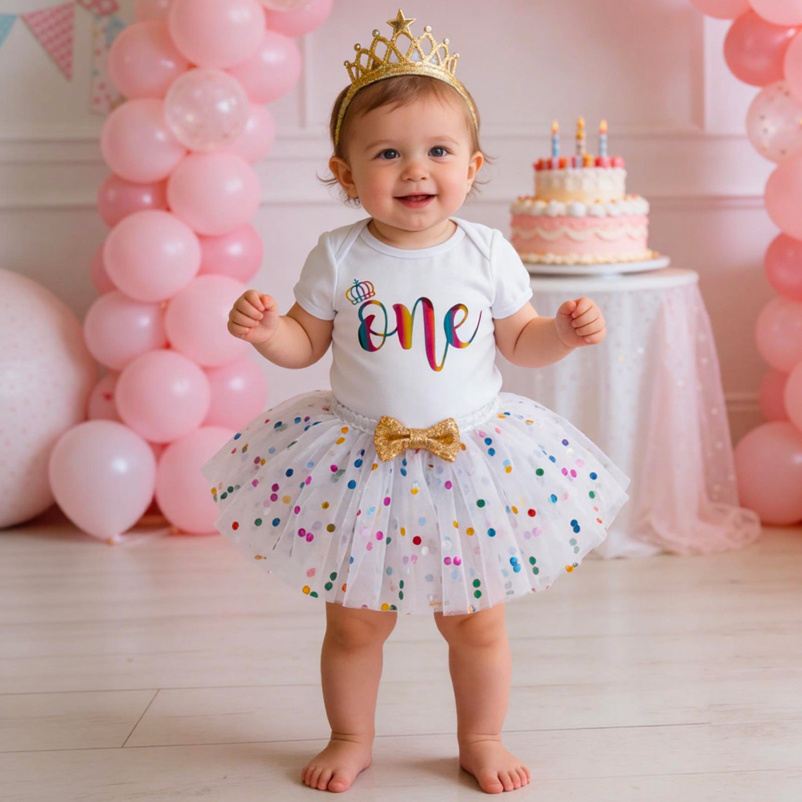 Baby First Birthday Outfit Set - Short Sleeve Romper Hair Accessories 3-Piece Infant Party Costume