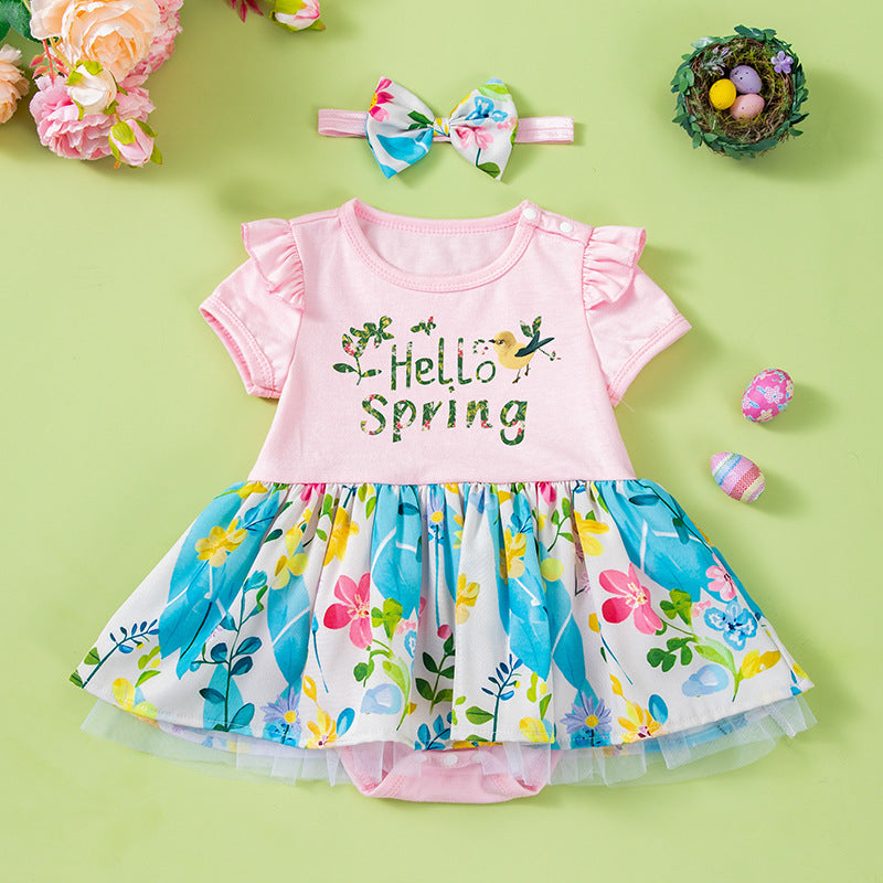 Baby Summer Printed Short Sleeve Romper Dress with Accessories 2-Piece Set Infant Onesie Dress Outfit