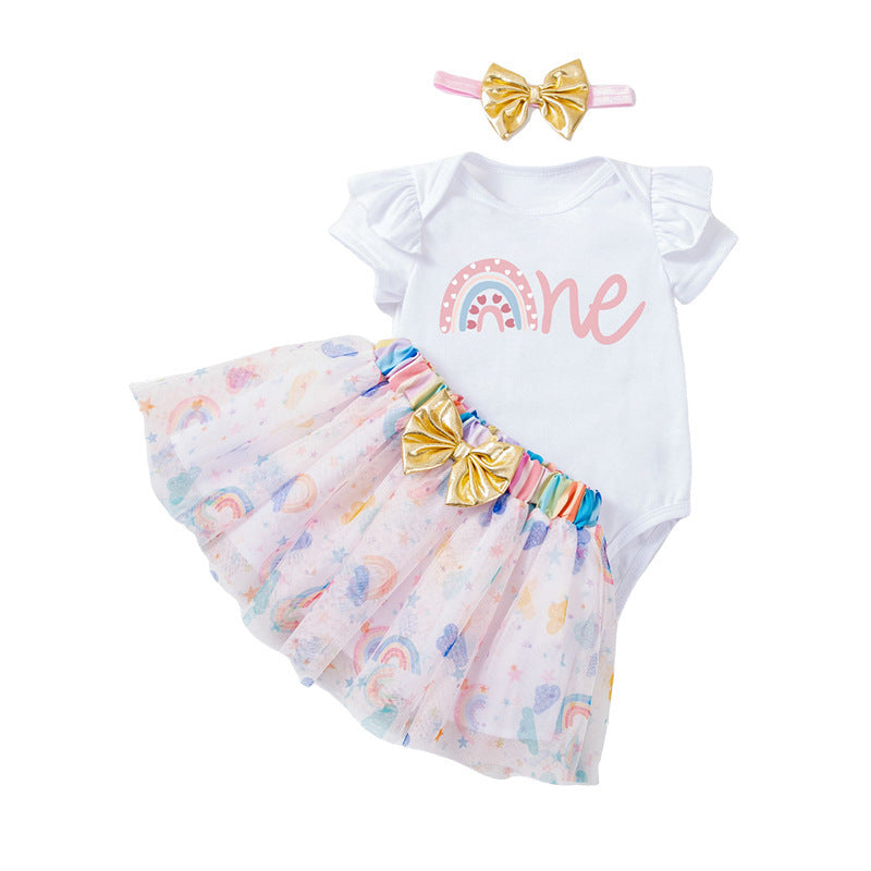 Cute Baby Festival Party Outfit Set with Ruffle Short Sleeve Romper, Rainbow Skirt, and Hair Accessories (3-Piece)